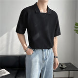 Foesce New Waffle Polo Shirt Men Short Sleeved Summer Solid Color Ice Silk Lapel Casual Loose Harajuku Top Korean Fashion Clothing