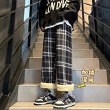 Winter Plush Thickened Pants Men Warm Fashion Retro Thick Plaid Pants Men Streetwear Loose Straight Pants Mens Trousers M-2XL