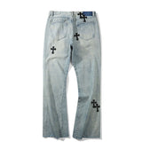 Mens Trousers Retro Cross Patch Distressed Straight Jeans Pants High Street Streetwear Fashion Loose Washed Denim Pants Unisex