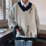 Men Hip Hop Streetwear Hole Sweater Retro Harajuku Sweater Knitted Pullovers Ripped Sweater Oversized Winter Clothes Men