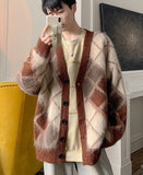 Foesce Lattice Mohair Knitted Cardigan Sweater Men's Loose Casual Patchwork Color V-neck Single Button Wear Out Tops