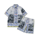 Summer Tide Brand Casual Short Sleeve Suit Digital Printing Landscape Retro Loose Shorts Shirt Suit 2 Piece Set Men Clothes Set
