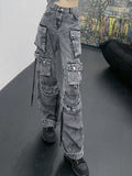 Foesce-High Street Men's Jeans Washed Denim Multi Pockets Solid Color Personalized Casual Male Pants Autumn Tide New
