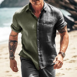 Foesce-Spring Summer Casual Loose Shirt Men Clothes Vintage Patchwork Contrast Buttoned Lapel Shirts Mens Daily Short Sleeve Tops