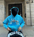 Y2K American retro letter print zipper cardigan sweater men and women high street Harajuku street ins loose casual hooded jacket
