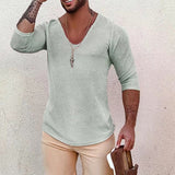 Mens New Autumn Casual Skinny Long Sleeve V-Neck Tee Shirt Fashion All-match Tops Pullover Retro Rib Solid Knitted Shirts