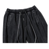 Summer New Distressed Shorts Men's Japanese Washed Retro Streetwear Black Loose Casual Drawstring Elastic Waist Short