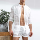 Foesce New Arrivals Men Set Summer Sexy See Through Lace Outfits Beach Fashion Short Sleeved Tops And Shorts Mens Two Piece Suits