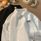 Foesce Lapel Long Sleeve T-shirt New Urban Cityboy Stripe Simple Top Unisex Spring Autumn Half Button Underlay Sweatshirt