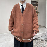 V Neck Knitted Cardigan for Men Casual Plaid Sweaters Korean Fashion Single-breasted Tops Mens Loose Knitwear Pullover