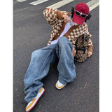 High Street Set Men Women Hip Hop Retro V-neck Knit Sweater Solid Color Casual Long Sleeves Wide-leg Baggy Jeans Three-piece