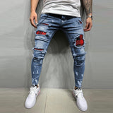 Men's Skinny ripped jeans men Pants Pencil Biker Side Striped Jeans Destroyed Hole Hip Hop Slim Fit Man Stretchy Jean Print