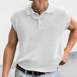 Leisure Solid Knitting Tops Men Sleeveless Buttoned Turn-down Collar Knit Vest Shirts Spring Summer Men's Clothing Fashion