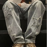 Spring Autumn Men Jeans Fashion Wide Leg Pants Star Embroidery Straight Loose Casual Chic Trousers Streetwear