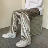 Foesce Retro Casual Straight Tube Wide Leg Pants Men's High Waist White Letter Printed Korean Loose Pants Autumn Winter Plush Pants