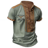 Summer Casual Loose Drawstring Design Men Tee Men's T-shirts Vintage Graphic Print Patchwork Lapel Short Sleeve Pullover T Shirt