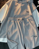 Foesce 2 Summer Men's Large Size Sports Suit Breathable Casual Wear Wild High Street Chic Fake Two-piece Casual T-shirt + Simple Shorts