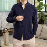 Men Casual Shirt Solid Retro Button Stand Collar Tops Cotton Linen Long Sleeve Chinese Traditional Shirts Men Streetwear