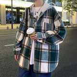 Winter College Style Plaid Hooded Jacket  Men Loose Fashion Woolen Fabric Male Hip Hop Thick Korean Couple Woolen Coat New