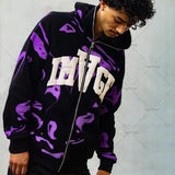 Foesce American High Street Purple Camouflage 3D Letter Loose Hoodie Women Y2K Harajuku Casual Oversized Sweatshirts Women Streetwear