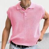 Leisure Solid Knitting Tops Men Sleeveless Buttoned Turn-down Collar Knit Vest Shirts Spring Summer Men's Clothing Fashion