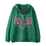 Y2k Zip Up Hoodie Women Hip Hop Heart Graffiti Letter Print Hooded Sweatshirts Female Harajuku Goth Punk Jacket Coats Streetwear