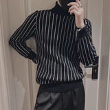 Fashion Printed Knitted Spliced Korean Turtleneck Striped Sweater Men Clothing Autumn New Loose Casual Pullovers Warm Tops