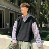 Foesce Pullovers Women Fake Two Piece Sweater Couple Autumn Retro Style Korean Chic Student Youth Y2K Spliced Loose-fitting Long Sleeve