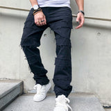 Foesce New Simple Stylish Men Hip Hop Ripped Patch Straight Loose Jeans Pants Streetwear Male Casual Denim Trousers