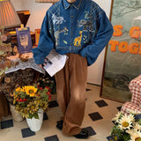 Giraffe Embroidered Zoo Denim Shirt Men Autumn New Vintage Style Casual Long Sleeve Casual Shirt Women Top Punk Style