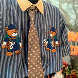 Vertical Striped Japanese Retro Short Sleeve Casual Shirts Men Couple Top Bear Print Button Up Shirt Summer Punk Style