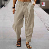 Casual Loose Solid Color Cotton Linen Long Pant Mens Spring Summer Leisure Drawstring Beach Pants Men's Fashion Simple Trousers
