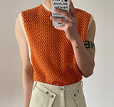 Foesce  Men Tank Tops Patchwork Mesh Transparent Lace Streetwear O-neck Sleeveless Vests Sexy Fashion Men Clothing S-5XL