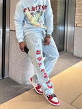 Foesce Printed Baggy Jeans For Men Vintage Light Blue Loose Fit Vaqueros Y2K Hombre Fashion Casual Distressed Wash Straight Denim Pants