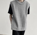 Men Vests Knitted Solid Color Round Neck Sleeveless Split Hem Casual Waistcoats Men Streetwear Button Tank Tops 5XL