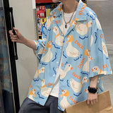 Foesce Fairy Tale Cute Duck Anime Button Up Shirt Kawaii Teenage Cool Beach Tops Oversized Loose Casual Men Women Streetwear Summer Tee