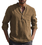 Foesce Men's Casual Cotton Linen Shirts Solid White V Neck Men Long Sleeve Shirt Button Pocket Tops Blouse Pullovers Camisas De Hombre