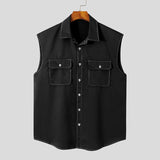 Fashion Men Shirt Solid Color Lapel Sleeveless Streetwear Button Pockets Casual Shirts Summer Leisure Camisas 5XL 7