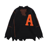 Foesce Irregular Hem Frayed Letter Embroidery V Neck Casual Sweaters Men and Women High Street Retro Pullover Knitted Autumn Clothes