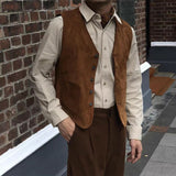 Men's Suit Vest Brown Suede V Neck Single Breasted Retro Tooling Waistcoat Formal Business Vest Groomman for Wedding Vest