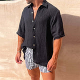 Casual Loose Solid Color Pleated Cotton Linen Shirt Men Leisure Loose Short Sleeve Lapel Buttoned Tops Summer Men's Clothes