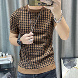 Spring Short Sleeve Sweater T-shirt Men Plaid Knitted Thickened Sweater Tshirt Streetwear High Quality Men Tee Shirt Homme