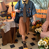 Vertical Striped Japanese Retro Short Sleeve Casual Shirts Men Couple Top Bear Print Button Up Shirt Summer Punk Style