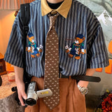 Vertical Striped Japanese Retro Short Sleeve Casual Shirts Men Couple Top Bear Print Button Up Shirt Summer Punk Style