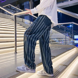 Fashion Mens Patchwork Pocket Loose Jeans Straight Fit Striped Printed Dad Jeans Elastic Waist Denim Pants Trousers For Male
