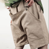 Hip Hop Solid Color Cargo Casual Shorts Multi Pockets Harajuku Retro Shorts Pants Male Streetwear  Ribbon Loose