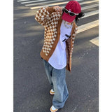 High Street Set Men Women Hip Hop Retro V-neck Knit Sweater Solid Color Casual Long Sleeves Wide-leg Baggy Jeans Three-piece