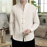 Men Casual Shirt Solid Retro Button Stand Collar Tops Cotton Linen Long Sleeve Chinese Traditional Shirts Men Streetwear