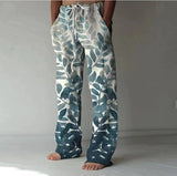 Men Drawstring Elastic Cotton Linen Trousers Casual Wide Leg Pant Male Summer Newest Vintage Print Loose Sport Pants Streetwear
