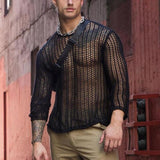 Foesce New Long-sleeved Sexy T-shirt Bottoming Shirt Fashion Woven Solid Color Mesh Knit Slim Tops Men Oversized T Shirt